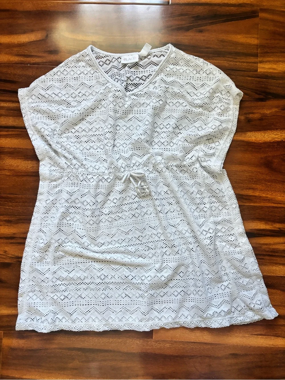 Girls White Crochet and Blue-Green Seashell Print Cover-Up